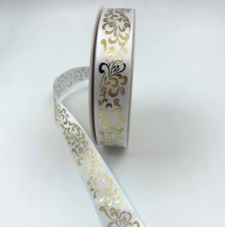 Saténová stuha s potlačou bielo zlatá 25mm